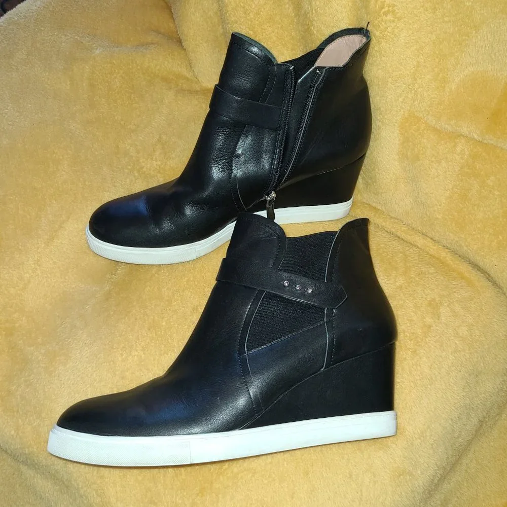 Linea Paolo "Freshton" Black Leather Wedge Sneakers Booties sz. 12M MSRP $178 - Picture 1 of 5